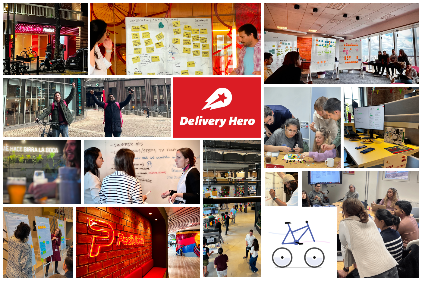 Grid of images showcasing workshops, events, and rider shifts at Delivery Hero and PedidosYa