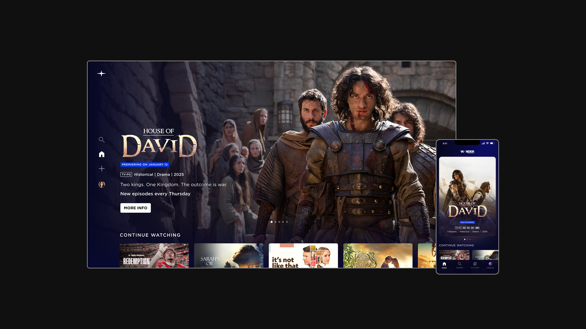 Wonder Project screens in context — mobile and 10-foot TV